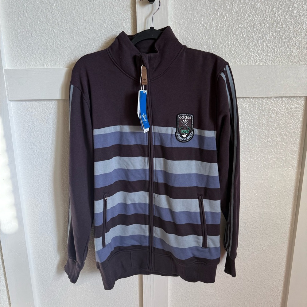 NWT Adidas Men's Striped Full Zip Hoodie | Blue and gray color | Size M